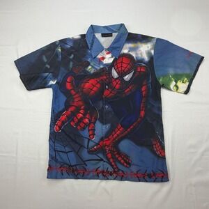 Spider-Man Button Up Shirt Mens Medium Blue All Over Print AOP